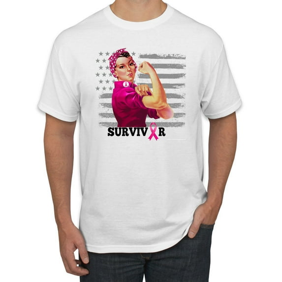 Wild Bobby, Breast Cancer Survivor Distressed American Flag, Breast Cancer Awareness, Men's Graphic Tees, White, Medium