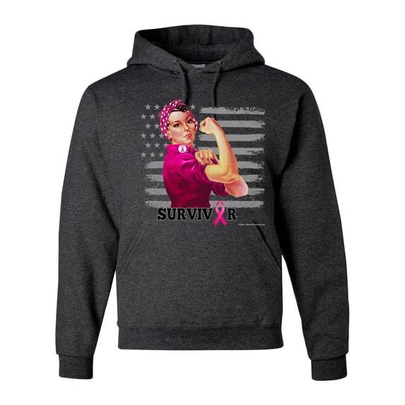 Wild Bobby, Breast Cancer Survivor Distressed American Flag, Breast Cancer Awareness, Unisex Graphic Hoodie Sweatshirt, Heather Black, 2XL