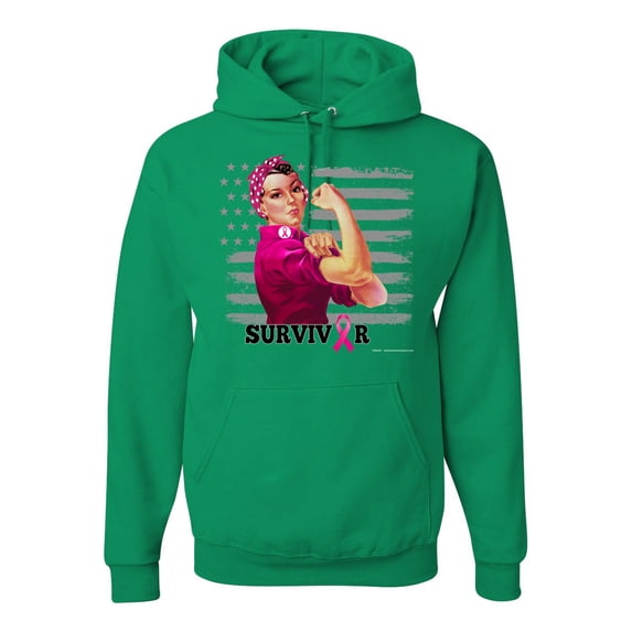 Wild Bobby, Breast Cancer Survivor Distressed American Flag, Breast Cancer Awareness, Unisex Graphic Hoodie Sweatshirt, Kelly, Medium