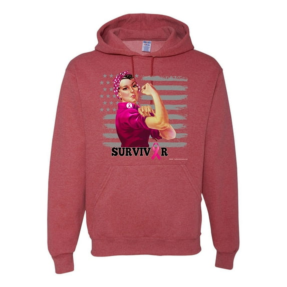 Wild Bobby, Breast Cancer Survivor Distressed American Flag, Breast Cancer Awareness, Unisex Graphic Hoodie Sweatshirt, Vintage Heather Red, Small