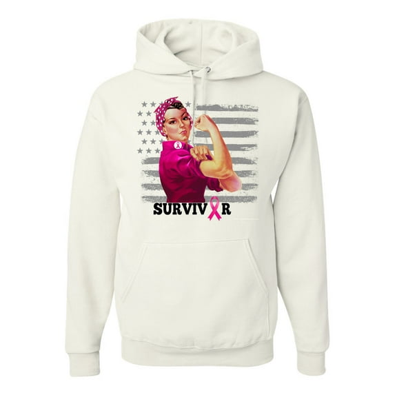 Wild Bobby, Breast Cancer Survivor Distressed American Flag, Breast Cancer Awareness, Unisex Graphic Hoodie Sweatshirt, White, Medium