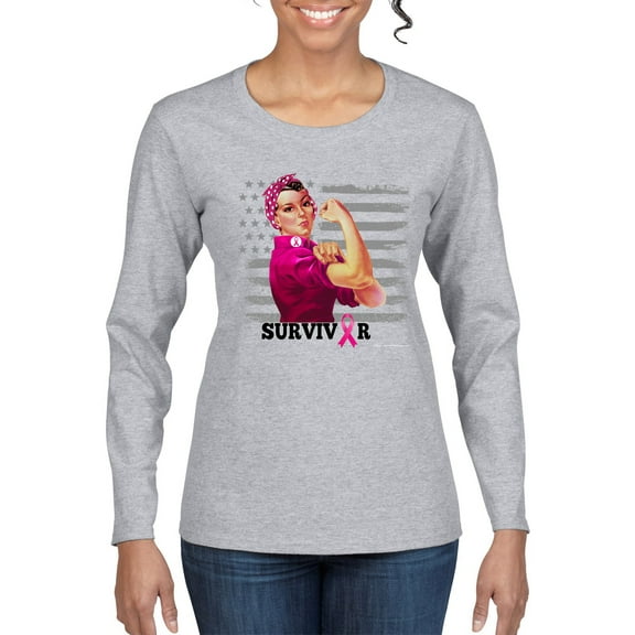 Wild Bobby Breast Cancer Survivor Distressed American Flag Breast Cancer Awareness Women Graphic Long Sleeve T-Shirt, Heather Grey, Small