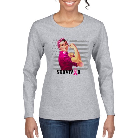 Wild Bobby Breast Cancer Survivor Distressed American Flag Breast Cancer Awareness Women Graphic Long Sleeve T-Shirt, Heather Grey, Small