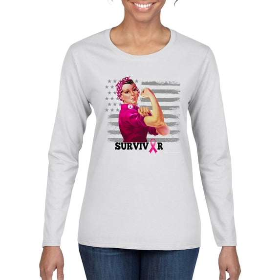 Wild Bobby Breast Cancer Survivor Distressed American Flag Breast Cancer Awareness Women Graphic Long Sleeve T-Shirt, White, Large
