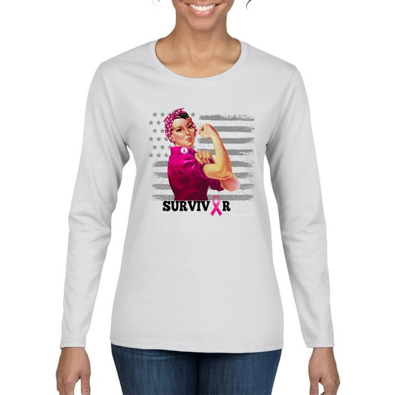 Wild Bobby Breast Cancer Survivor Distressed American Flag Breast Cancer Awareness Women Graphic Long Sleeve T-Shirt, White, Medium