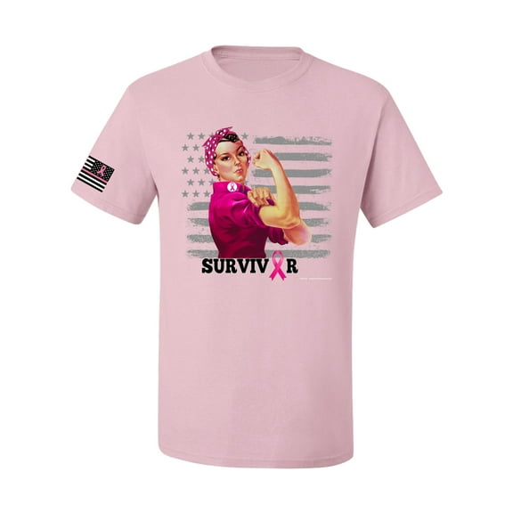 Wild Bobby, Breast Cancer Survivor Distressed American Flag USA Flag Sleeve Breast Cancer Awareness Unisex Graphic Tee, Light Pink, X-Large