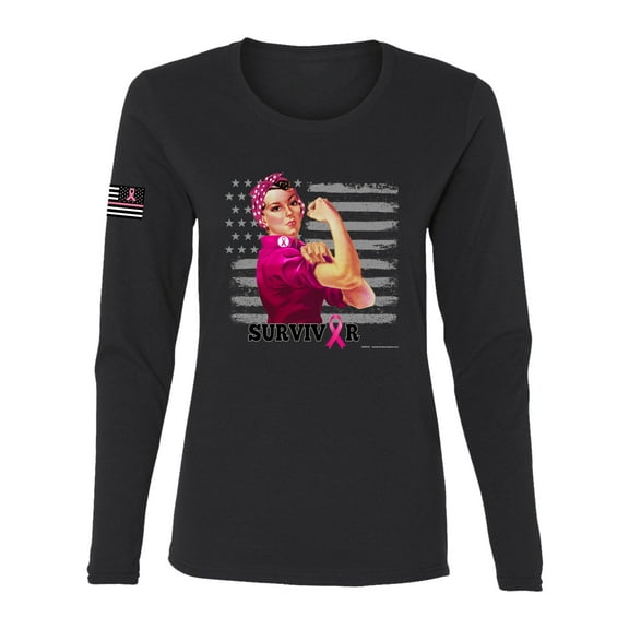 Wild Bobby, Breast Cancer Survivor Distressed American Flag USA Flag Sleeve Breast Cancer Awareness Women Long Sleeve Tee, Black, Medium