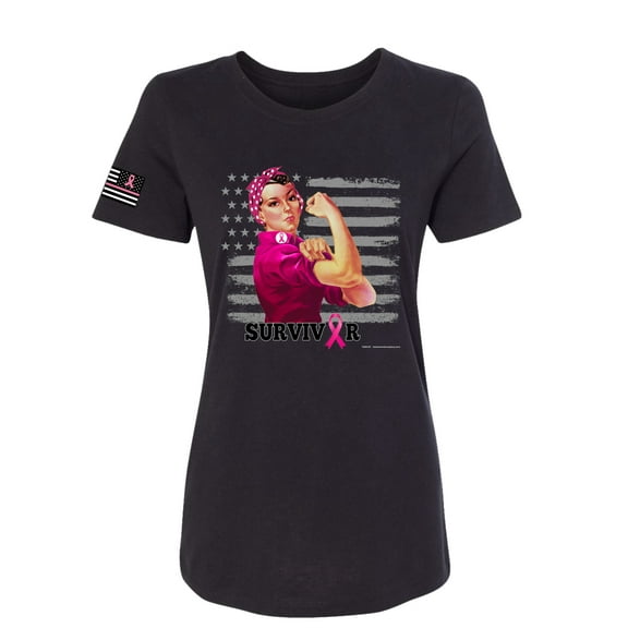 Wild Bobby, Breast Cancer Survivor Distressed American Flag USA Flag Sleeve Breast Cancer Awareness Women Slim Fit Junior Tee, Black, X-Large