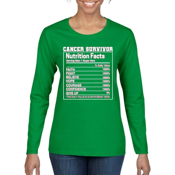 Wild Bobby Breast Cancer Survivor Nutrition Facts Breast Cancer Awareness Front and Back Women Long Sleeve Tee, Kelly, Small