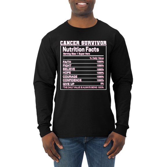Wild Bobby Breast Cancer Survivor Nutrition Facts Breast Cancer Awareness Men Long Sleeve Shirt, Black, Small