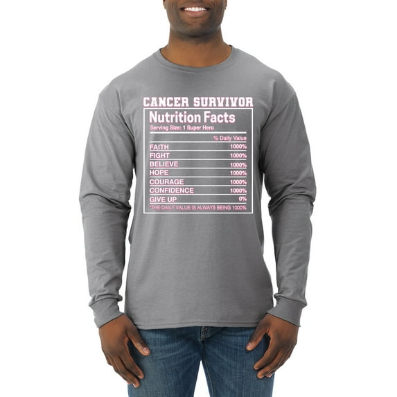 Wild Bobby Breast Cancer Survivor Nutrition Facts Breast Cancer Awareness Men Long Sleeve Shirt, Heather Grey, 3X-Large