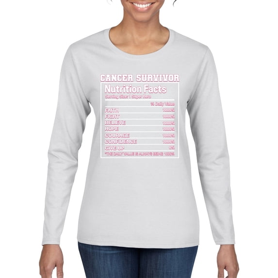 Wild Bobby Breast Cancer Survivor Nutrition Facts Breast Cancer Awareness Front and Back Women Long Sleeve Tee, White, XX-Large