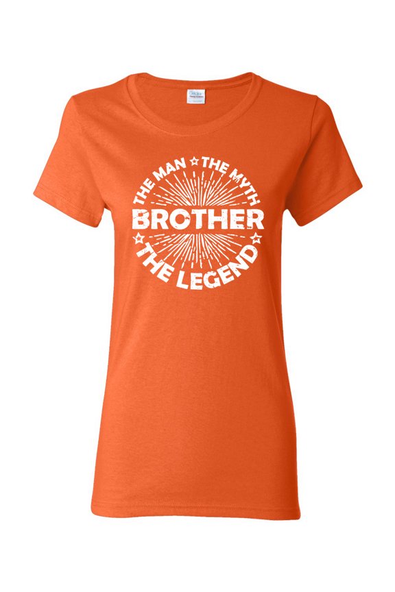 , Brother Man Myth Legend Funny Dad, Father's Day, Women Graphic Tee, Orange, Medium