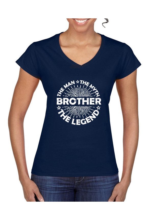 , Brother Man Myth Legend Funny Dad, Father's Day, Women Standard V-Neck Tee, Navy, Small