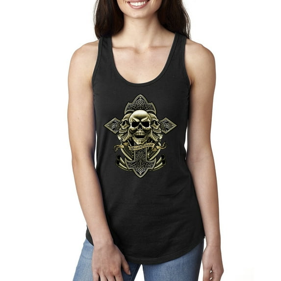 Wild Bobby, Brotherhood Biker Motorcycles Cross and Skull Pop Culture Ladies Racerback Tank Top, Black, Small