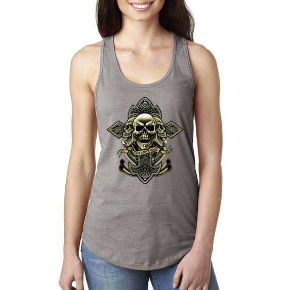 Wild Bobby, Brotherhood Biker Motorcycles Cross and Skull Pop Culture Ladies Racerback Tank Top, Heather Grey, Large