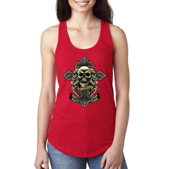 Wild Bobby, Brotherhood Biker Motorcycles Cross and Skull Pop Culture Ladies Racerback Tank Top, Red, Medium