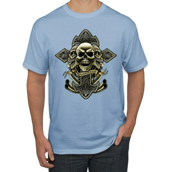 Wild Bobby, Brotherhood Biker Motorcycles Cross and Skull Pop Culture Men's Graphic T-Shirt, Light Blue, X-Large