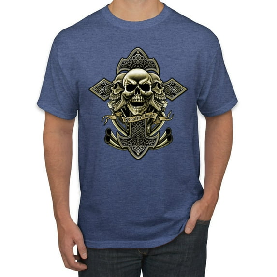Brotherhood Biker Motorcycles Cross and Skull Pop Culture Men's Graphic T-Shirt, Vintage Heather Blue, Large