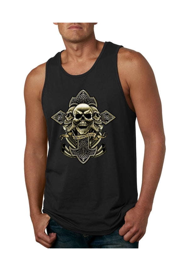 , Brotherhood Biker Motorcycles Cross and Skull Pop Culture Mens Graphic Tank Top, Black, Small