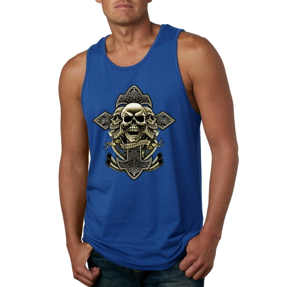 Wild Bobby, Brotherhood Biker Motorcycles Cross and Skull Pop Culture Mens Graphic Tank Top, Royal, Large