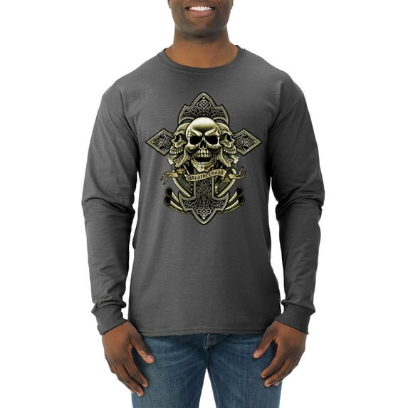 Wild Bobby, Brotherhood Biker Motorcycles Cross and Skull Pop Culture Mens Long Sleeve Shirt, Heather Black, 2XL