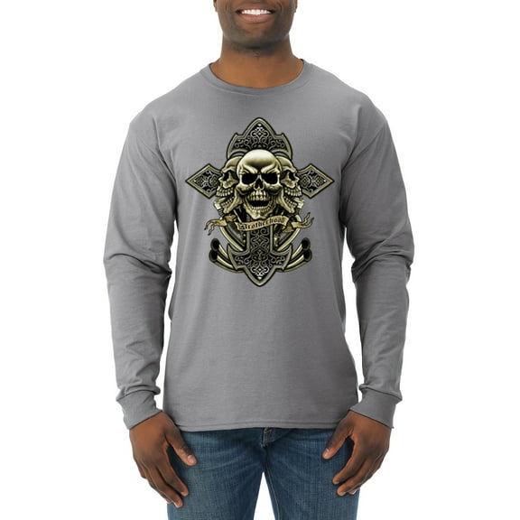 Wild Bobby, Brotherhood Biker Motorcycles Cross and Skull Pop Culture Mens Long Sleeve Shirt, Heather Grey, Medium