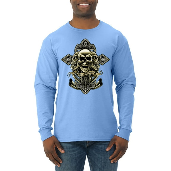 Wild Bobby, Brotherhood Biker Motorcycles Cross and Skull Pop Culture Mens Long Sleeve Shirt, Light Blue, Medium