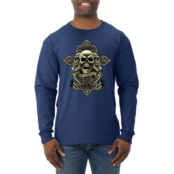 Wild Bobby, Brotherhood Biker Motorcycles Cross and Skull Pop Culture Mens Long Sleeve Shirt, Navy, Small