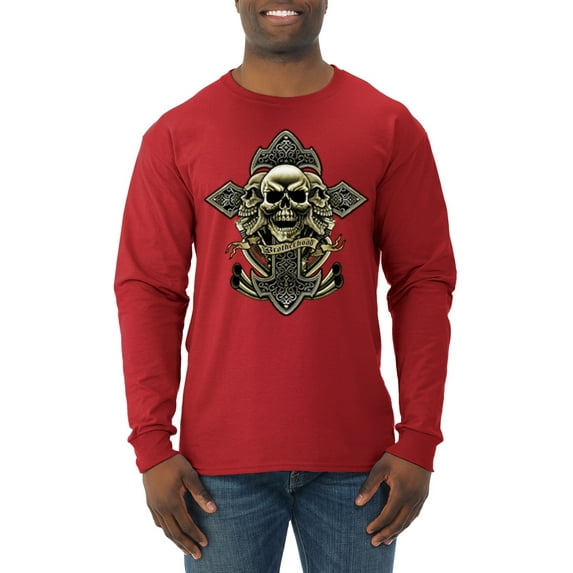 Wild Bobby, Brotherhood Biker Motorcycles Cross and Skull Pop Culture Mens Long Sleeve Shirt, Red, Small
