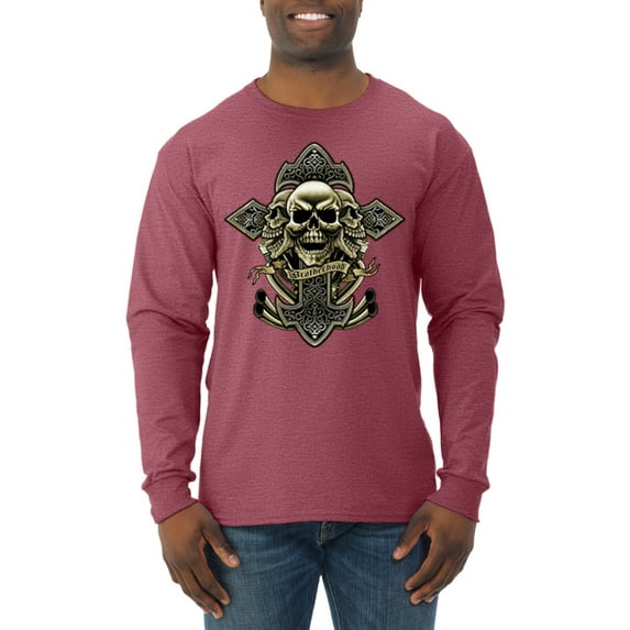 Wild Bobby, Brotherhood Biker Motorcycles Cross and Skull Pop Culture Mens Long Sleeve Shirt, Vintage Heather Red, Medium