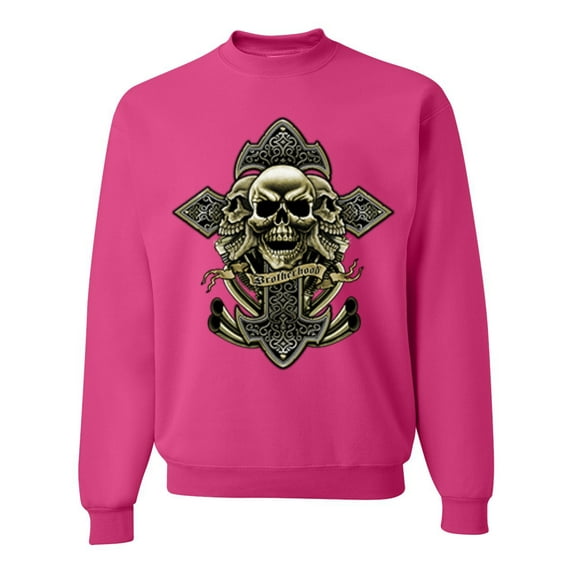 Wild Bobby, Brotherhood Biker Motorcycles Cross and Skull Pop Culture Unisex Crewneck Graphic Sweatshirt, Fuschia, Medium