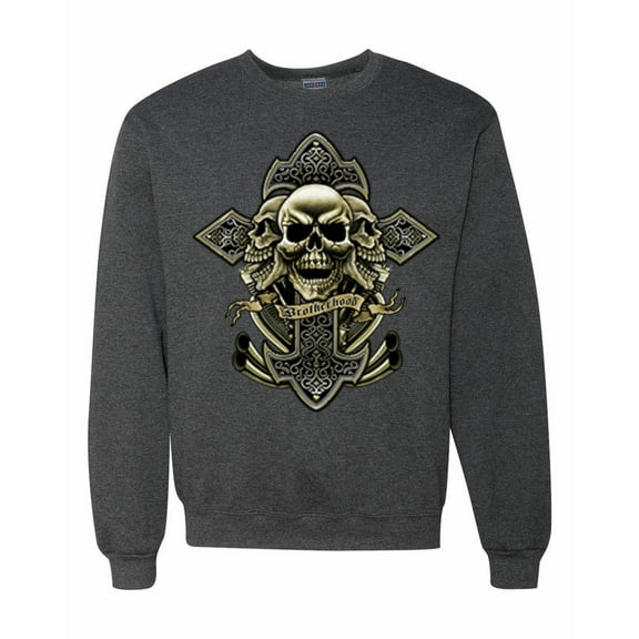 Wild Bobby, Brotherhood Biker Motorcycles Cross and Skull Pop Culture Unisex Crewneck Graphic Sweatshirt, Heather Black, 3XL