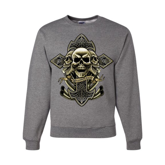 Wild Bobby, Brotherhood Biker Motorcycles Cross and Skull Pop Culture Unisex Crewneck Graphic Sweatshirt, Heather Grey, X-Large