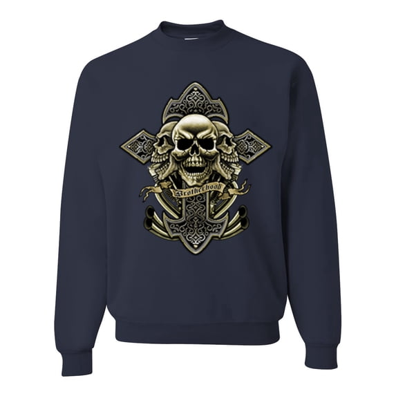 Wild Bobby, Brotherhood Biker Motorcycles Cross and Skull Pop Culture Unisex Crewneck Graphic Sweatshirt, Navy, X-Large