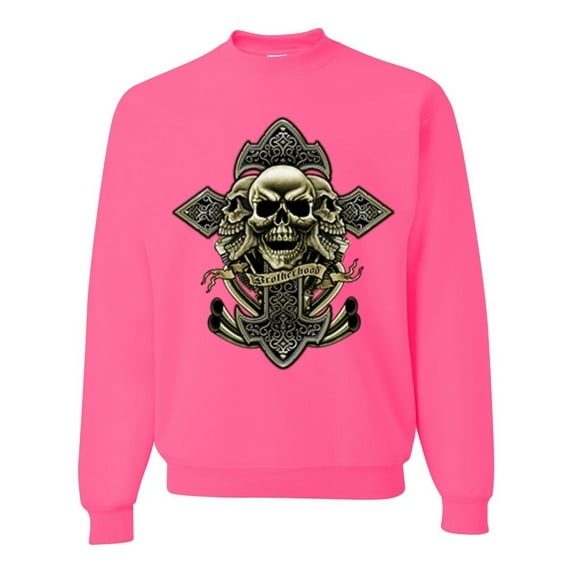 Wild Bobby, Brotherhood Biker Motorcycles Cross and Skull Pop Culture Unisex Crewneck Graphic Sweatshirt, Neon Pink, Medium