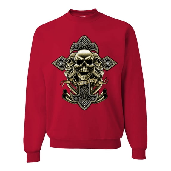 Wild Bobby, Brotherhood Biker Motorcycles Cross and Skull Pop Culture Unisex Crewneck Graphic Sweatshirt, Red, 2XL