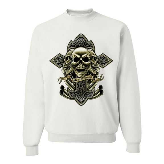 Wild Bobby, Brotherhood Biker Motorcycles Cross and Skull Pop Culture Unisex Crewneck Graphic Sweatshirt, White, 2XL