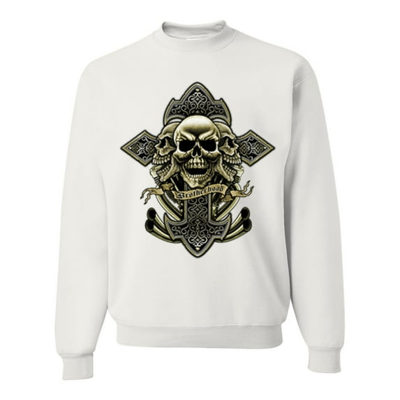 Wild Bobby, Brotherhood Biker Motorcycles Cross and Skull Pop Culture Unisex Crewneck Graphic Sweatshirt, White, Small
