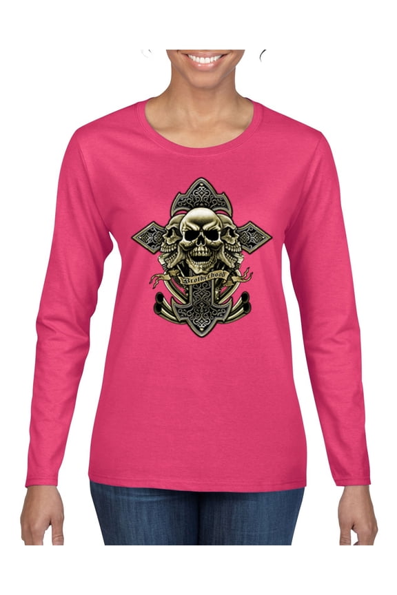 , Brotherhood Biker Motorcycles Cross and Skull Pop Culture Womens Graphic Long Sleeve T-Shirt, Fuschia, 2XL