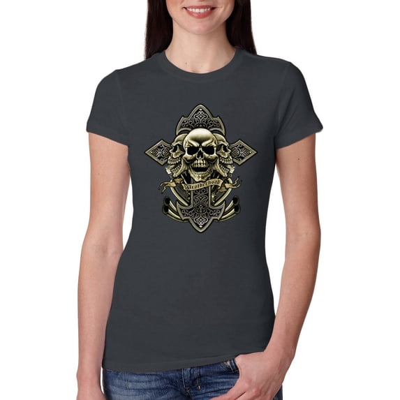 Wild Bobby, Brotherhood Biker Motorcycles Cross and Skull Pop Culture Womens Slim Fit Junior Tee, Dark Grey, Medium