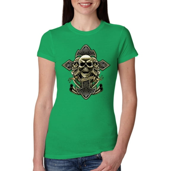 Wild Bobby, Brotherhood Biker Motorcycles Cross and Skull Pop Culture Womens Slim Fit Junior Tee, Kelly, Large