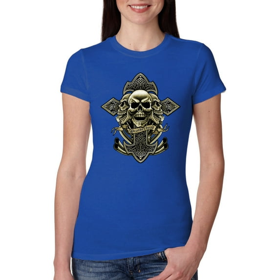 Brotherhood Biker Motorcycles Cross and Skull Pop Culture Womens Slim Fit Junior Tee, Royal, Large