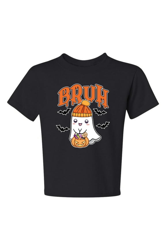 Bruh Cute Funny Ghost Trick or Treat Candy | Unisex Kids Halloween Fall DIY Costume Design Ideas Ages 3 to 10, Trick or Treating Unisex Boys Girls Graphic Youth T-Shirt