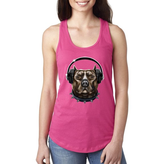 Wild Bobby, Bull Dog, Spiked Collar, and Headphones Animal Lover Ladies Racerback Tank Top