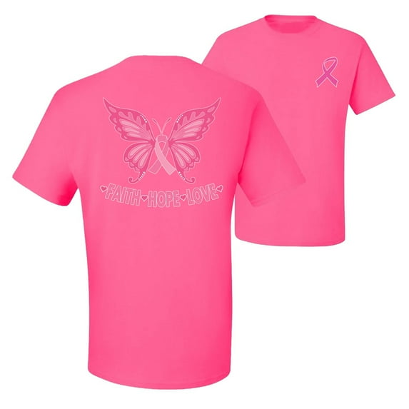Wild Bobby, Butterfly Pink Ribbon Faith Hope Love, Breast Cancer Awareness, Front and Back Men Graphic Tee, Neon Pink, Large