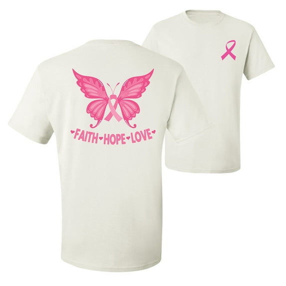 Wild Bobby, Butterfly Pink Ribbon Faith Hope Love, Breast Cancer Awareness, Front and Back Men Graphic Tee, White, 5X-Large