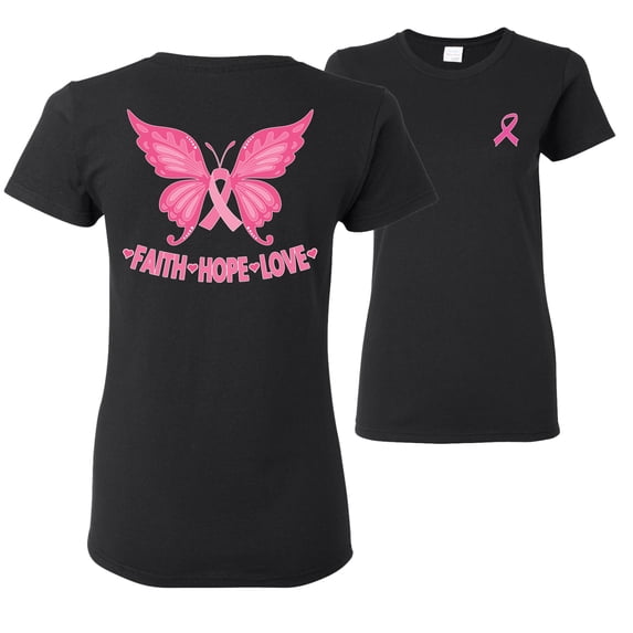 Wild Bobby Breast Cancer Awareness Faith Pink Ribbon Sunflower Front and Back Women Tee, Black, X-Large