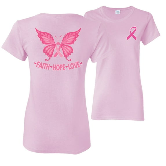 Wild Bobby, Butterfly Pink Ribbon Faith Hope Love, Breast Cancer Awareness, Front and Back Women Graphic Tee, Light Pink, Large