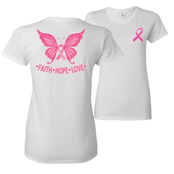 Wild Bobby, Butterfly Pink Ribbon Faith Hope Love, Breast Cancer Awareness, Front and Back Women Graphic Tee, White, Medium